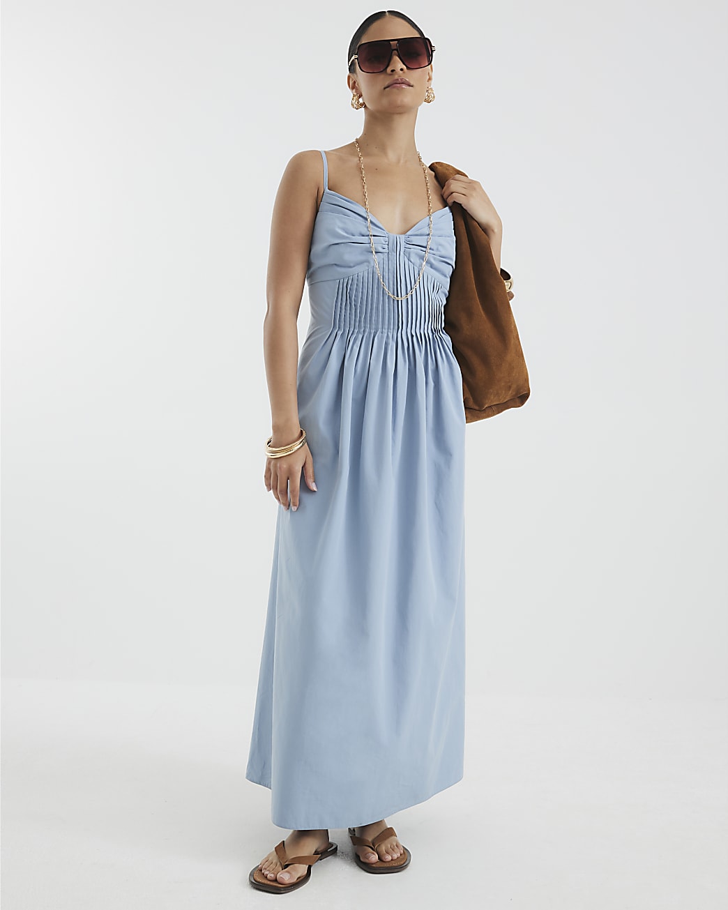 River Island Womens Midi Dress Petite Blue Pintuck Waist V-Neck