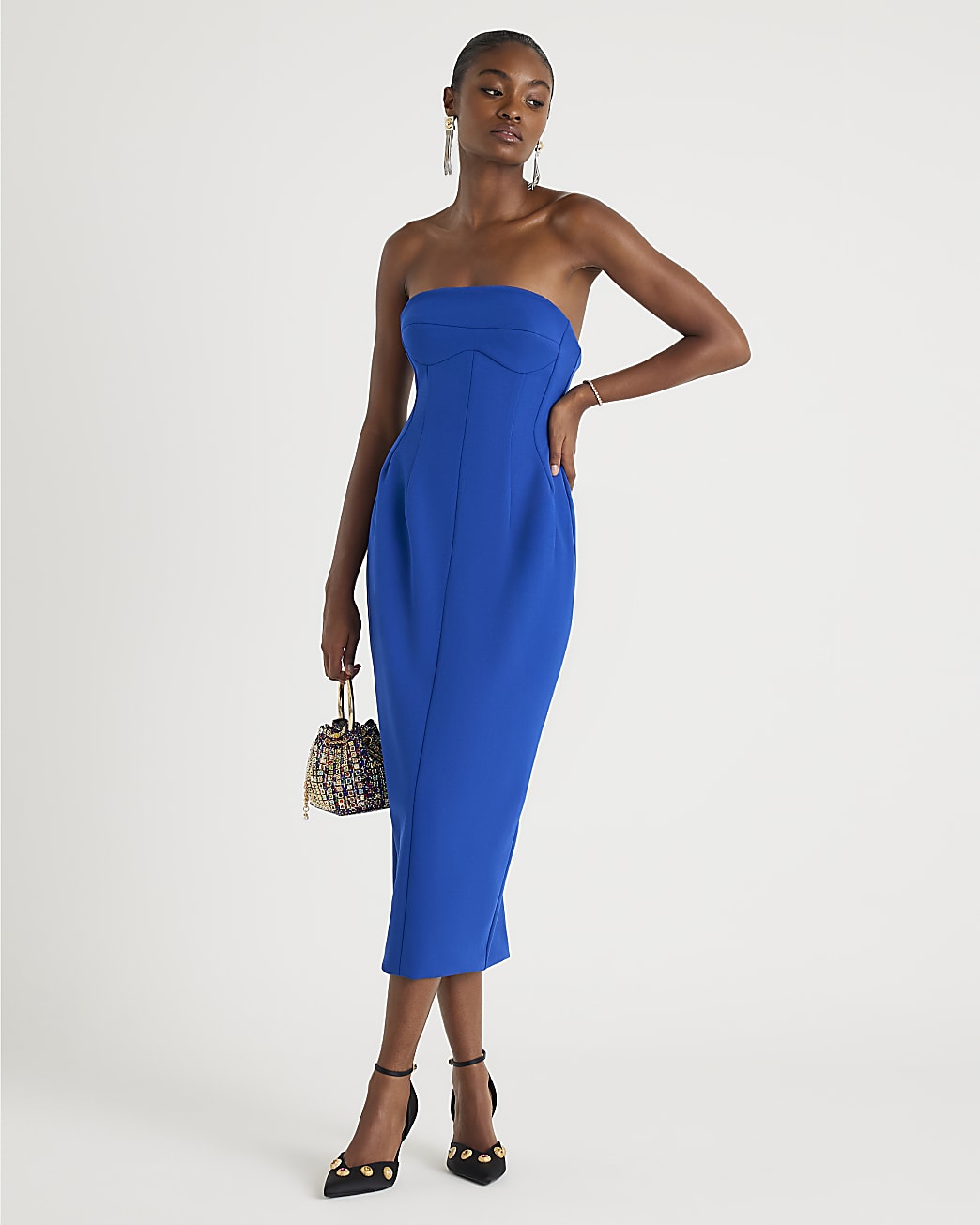 River Island Womens Bandeau Midi Dress Blue Sleeveless Bodycon