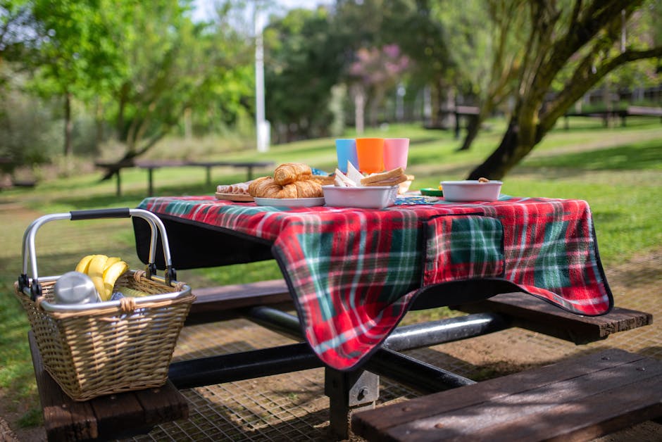 A waterproof-backed picnic blanket unrolled on a grassy lawn with a rolled carry strap beside it
