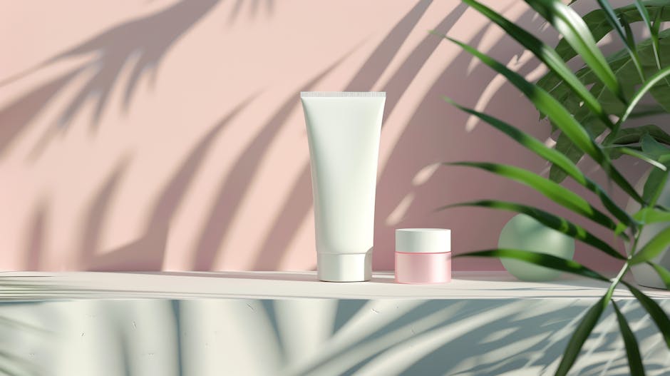 Skincare bottles and SPF products arranged in natural sunlight on a bathroom shelf