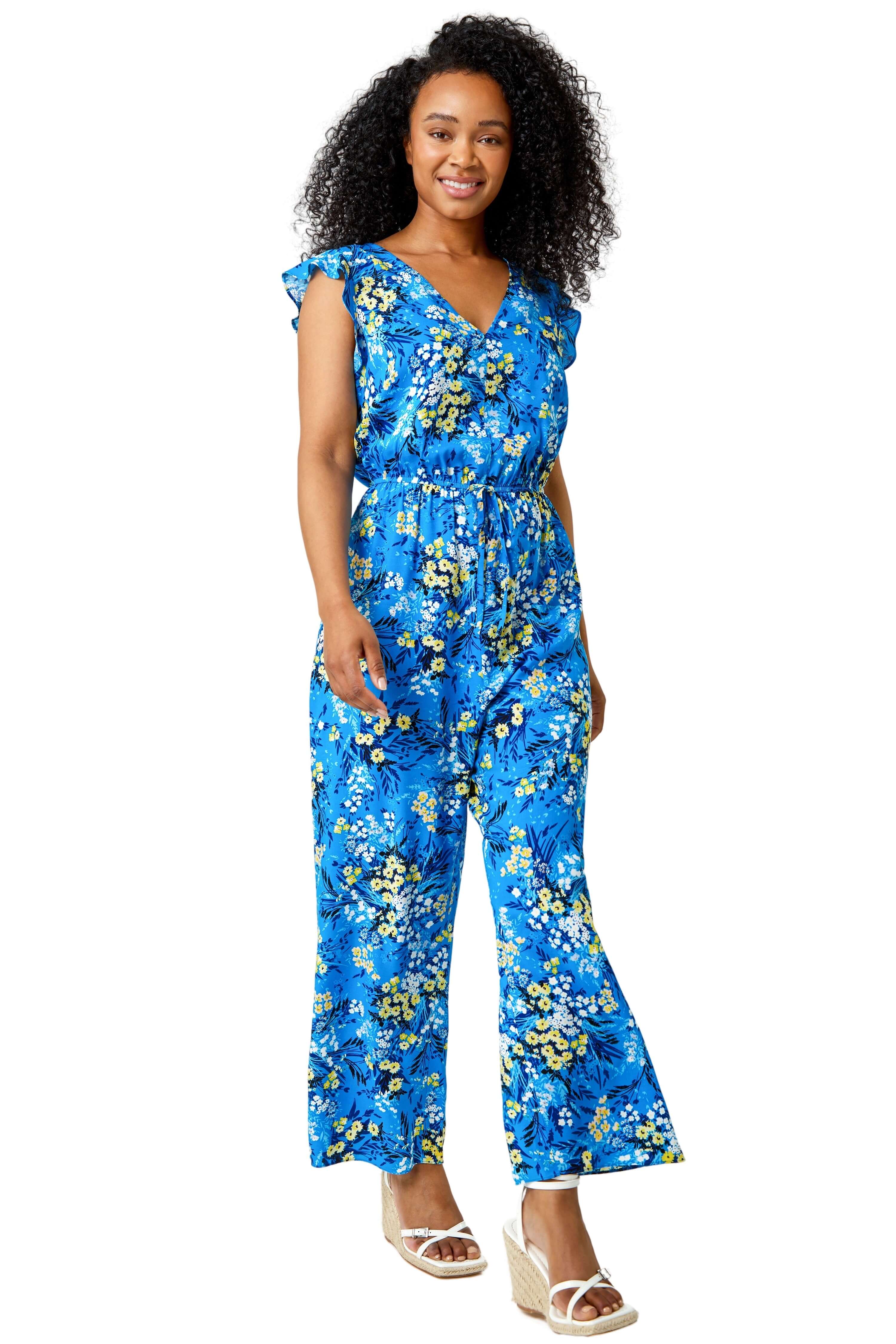 Babyhug Cotton Jersey Shoulder Strap Jumpsuit With Floral Print - Blue