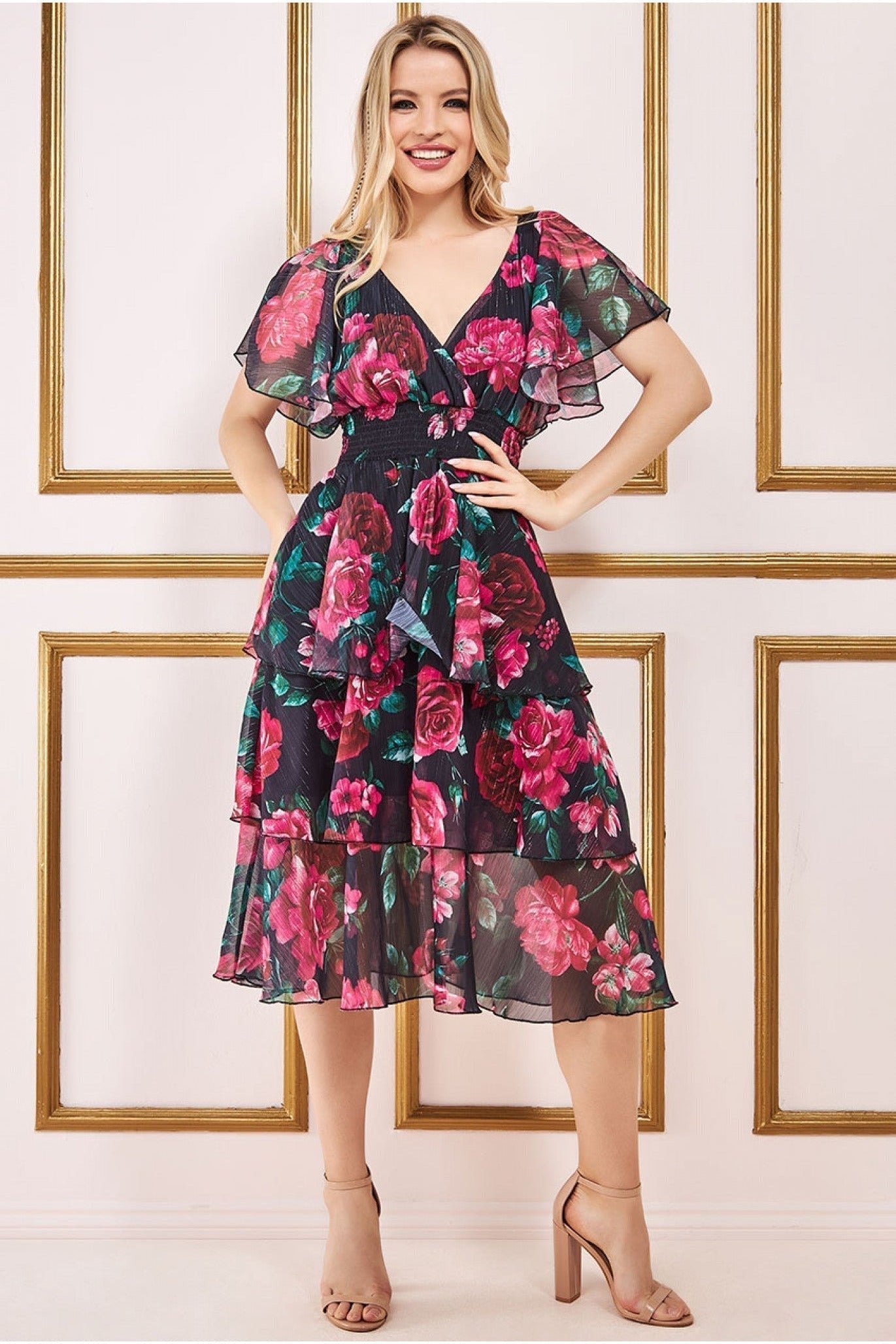 Flowing Layered Dress with Flutter Sleeves Brown