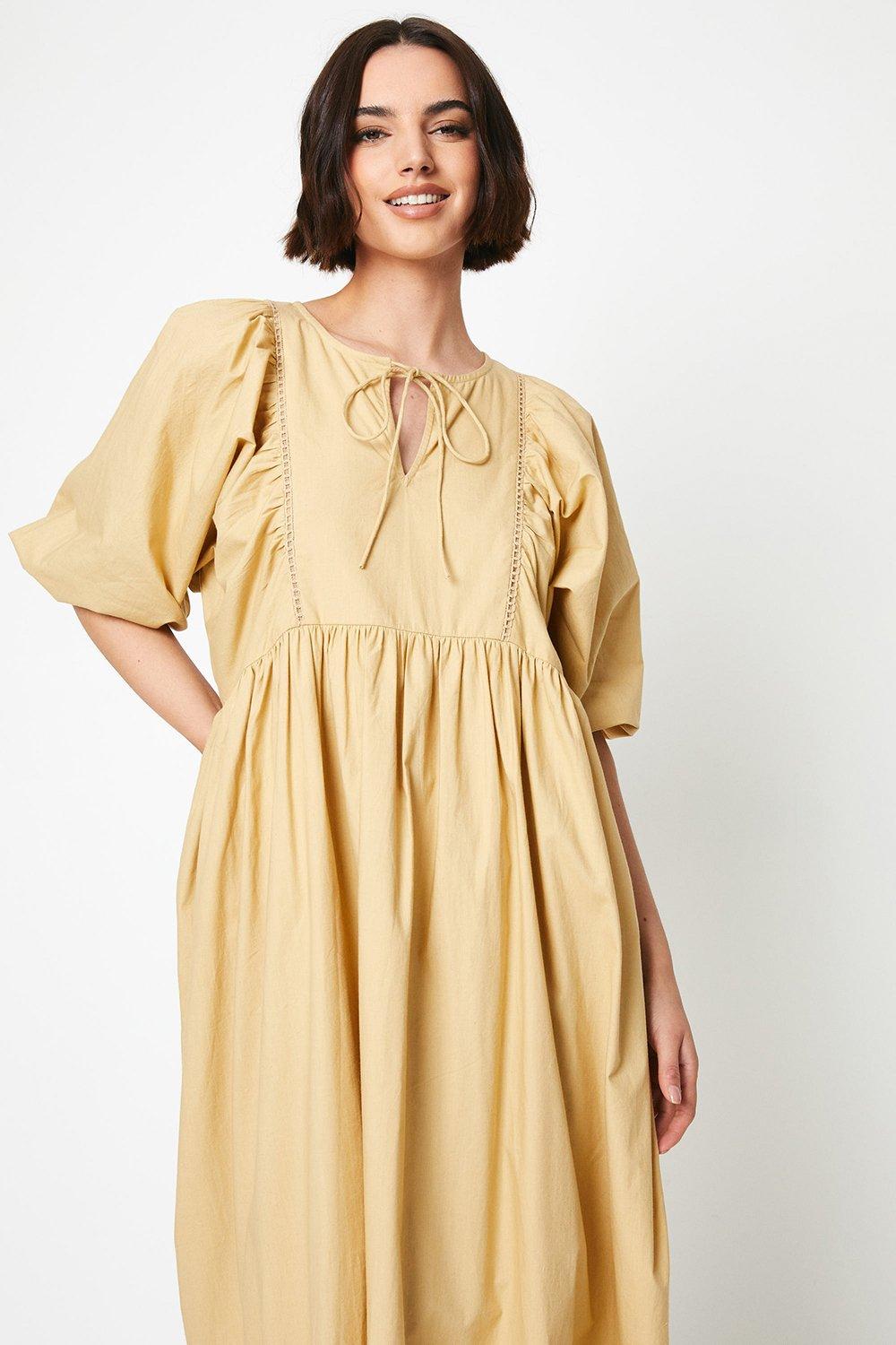 Balloon Hem Cotton Midi Dress with Braided Belt in Chocolate main image 1