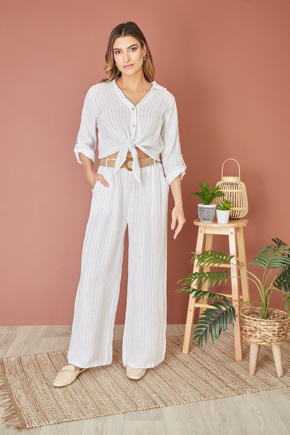 Striped Linen Wide Leg Trousers