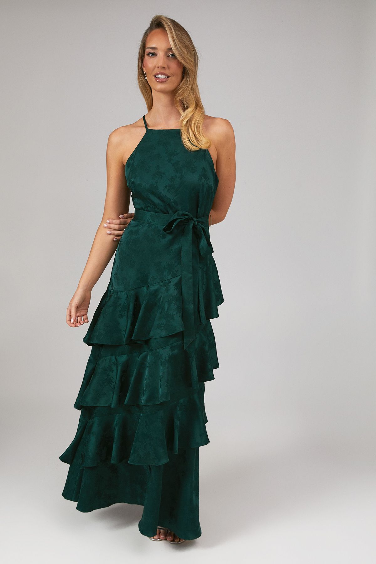 Jacquard Scallop Neck Retract Your Waist Sleeveless Maxi Bridesmaid Dress