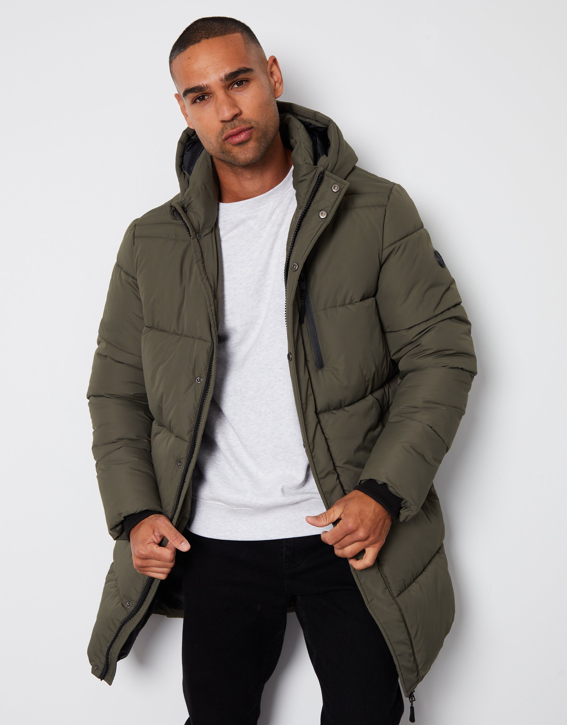 Khaki 'Strike' Showerproof Hooded Longline Puffer Jacket