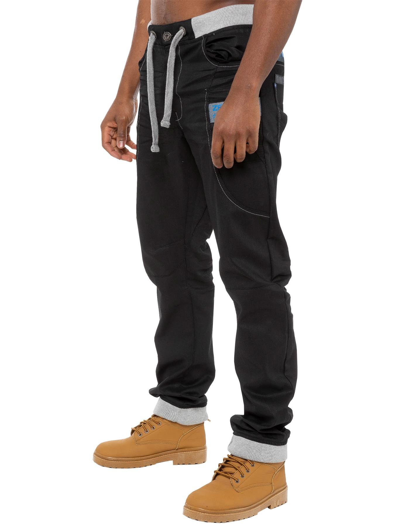 Enzo Mens Denim Cuffed Jogger Jeans Black Blue