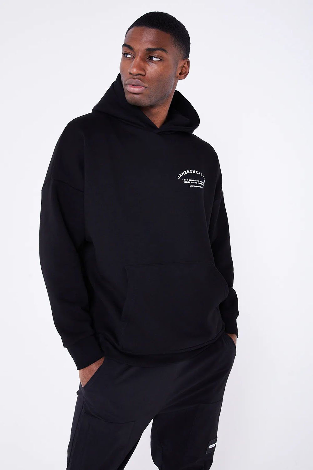 Black Louie Cotton Blend Oversized Graphic Hoodie with Kangaroo
