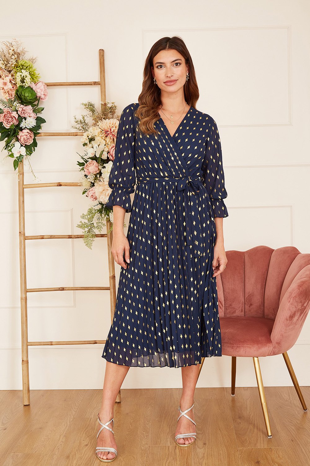 Yumi Navy Foil Print Midi Dress