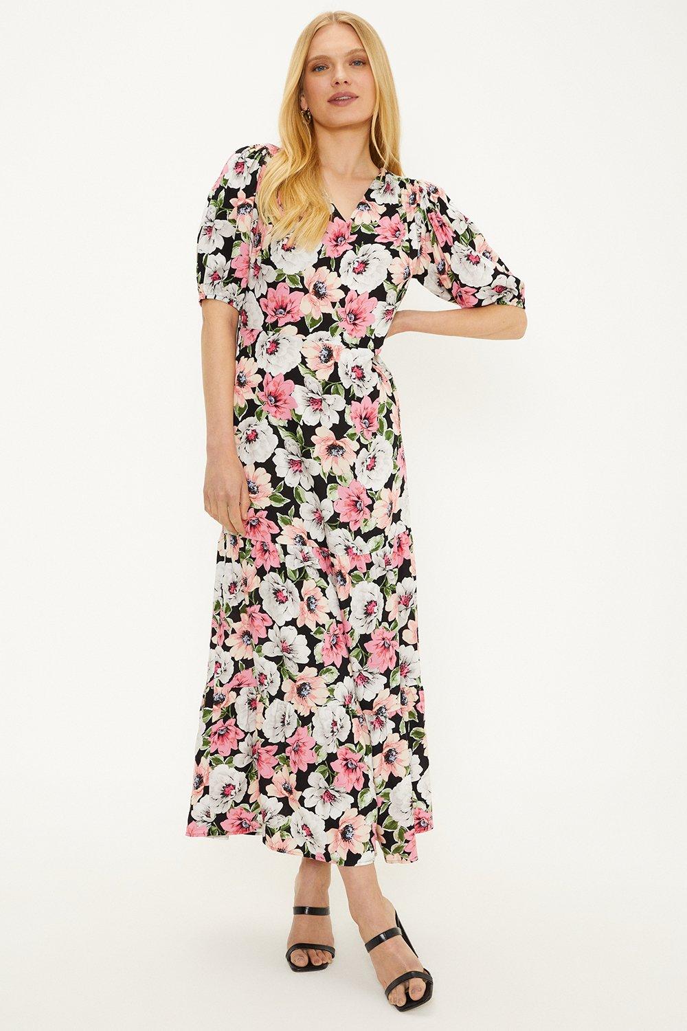 Black Floral V Neck Shirred Midi Dress