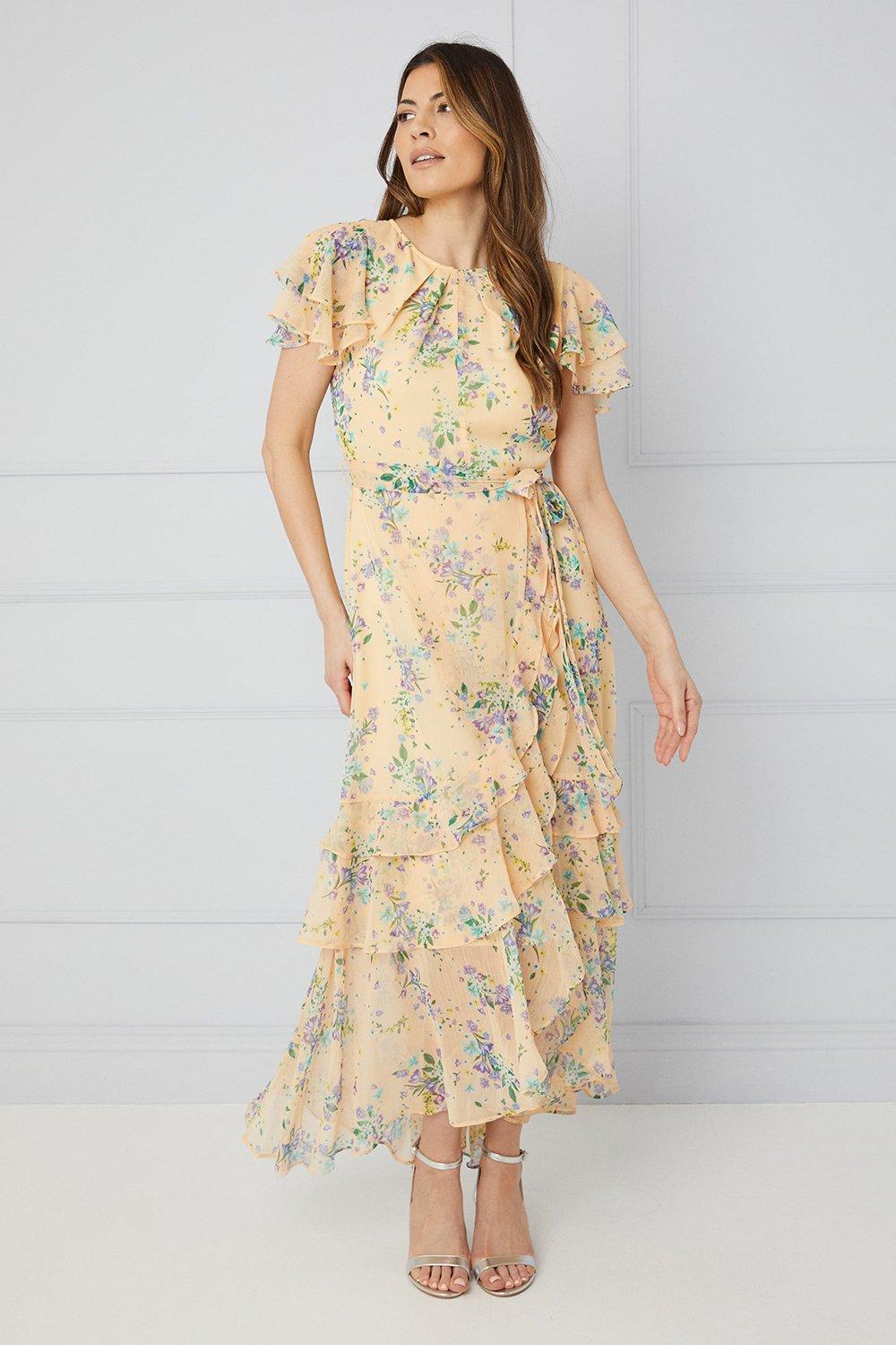 Moxidress Back Lace-up Ruffle Hem Slit Floral Print Maxi Cami Dress main image 0
