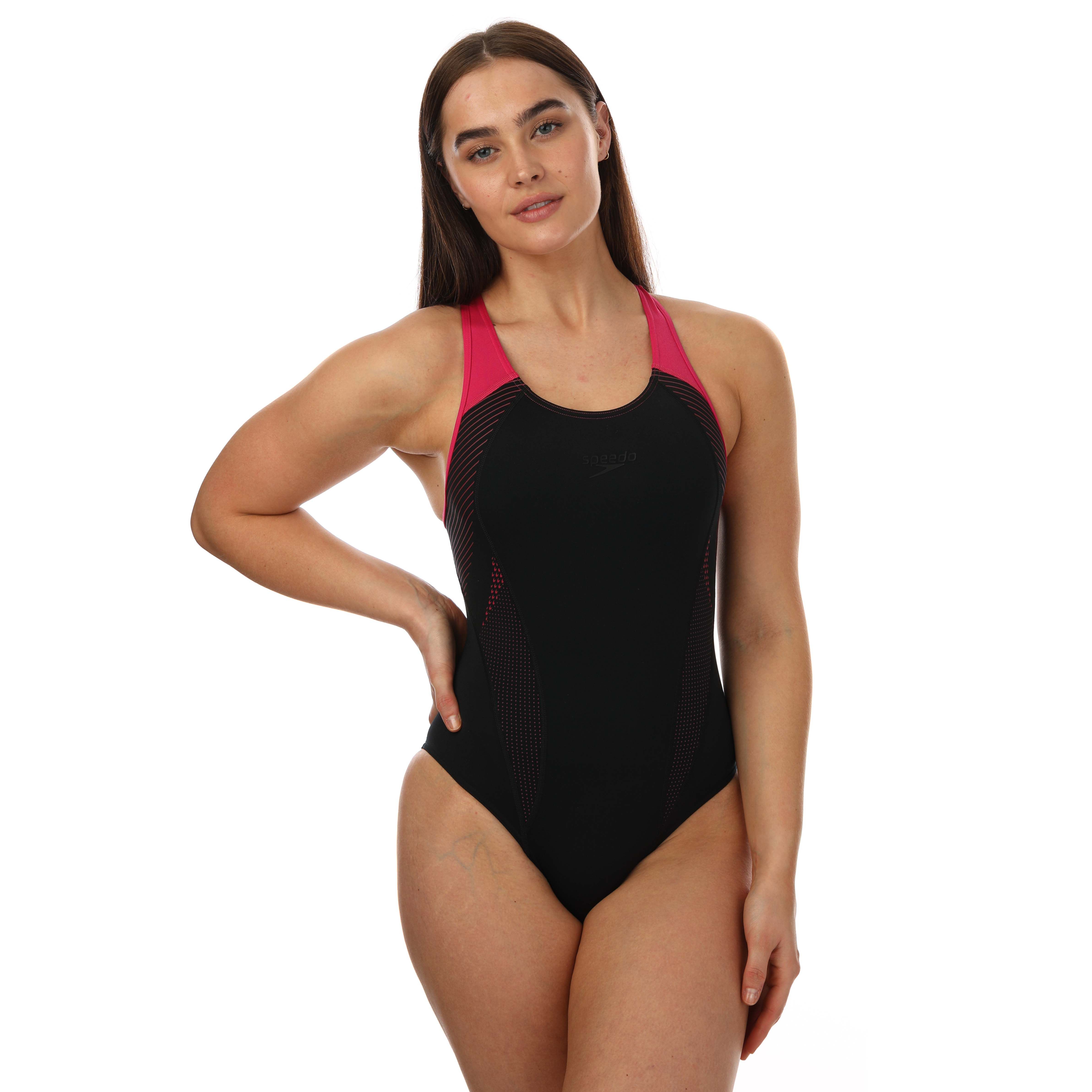 Women's Speedo Plastisol Laneback Swimsuit in Black Red