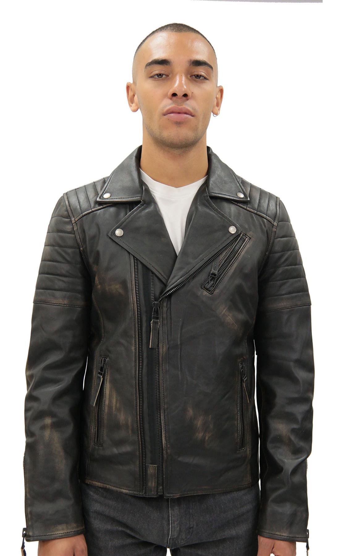 Blouson Homme En Cuir Véritable épais Style Biker - Fermeture éclair Diagonale, Col Cranté - Infinity Leather