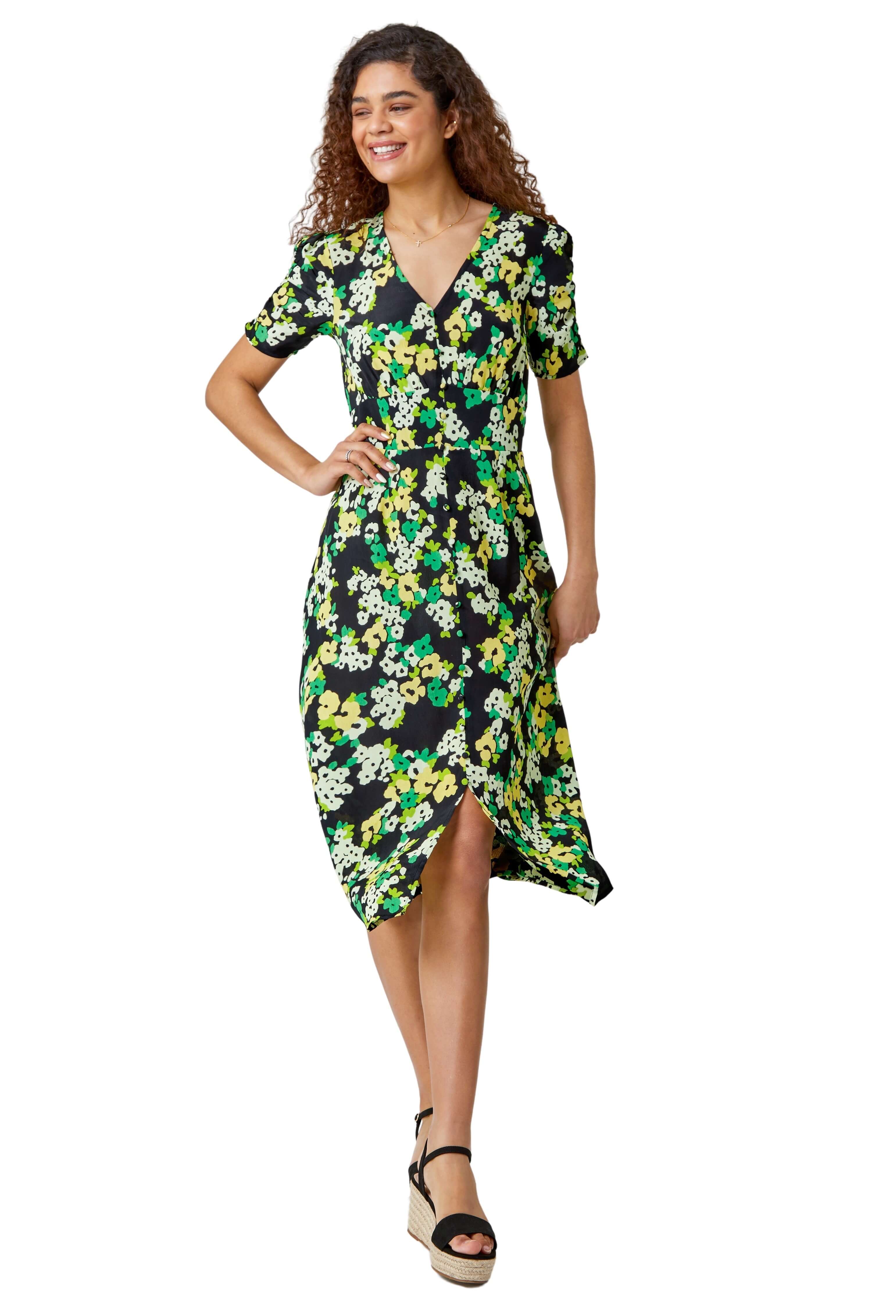 Ditsy Floral Ruched Sleeve Midi Dress