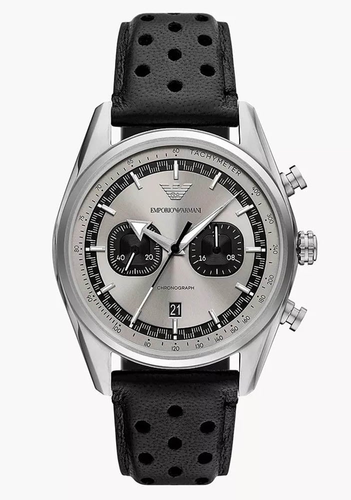 Emporio Armani Racer Chronograph Silver Dial Black Leather Strap Watch for Men - AR11677 main image 0