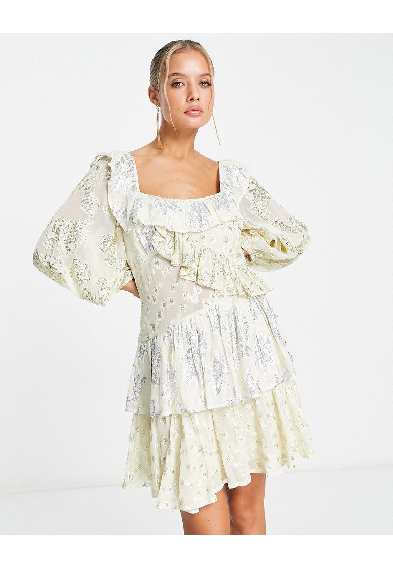 ASOS DESIGN metallic jacquard square neck ruffle mini dress in gold and ...