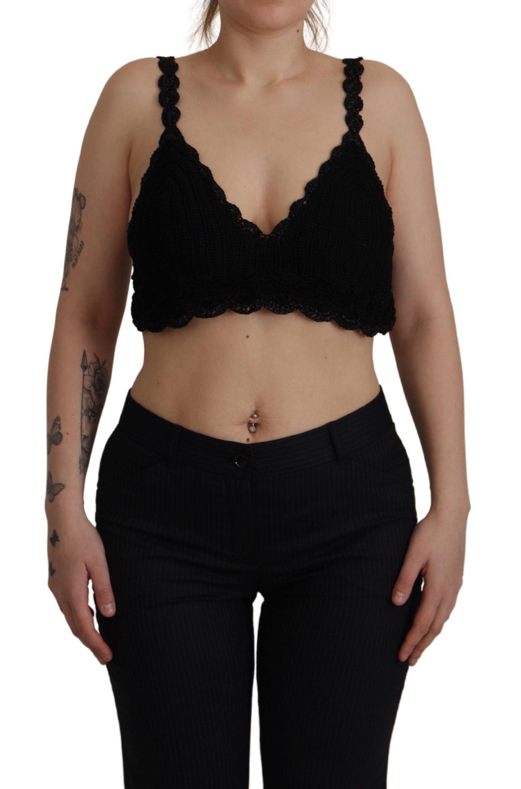 Dolce & Gabbana Black Cotton Bustier Cropped Crochet Tank Women's Top