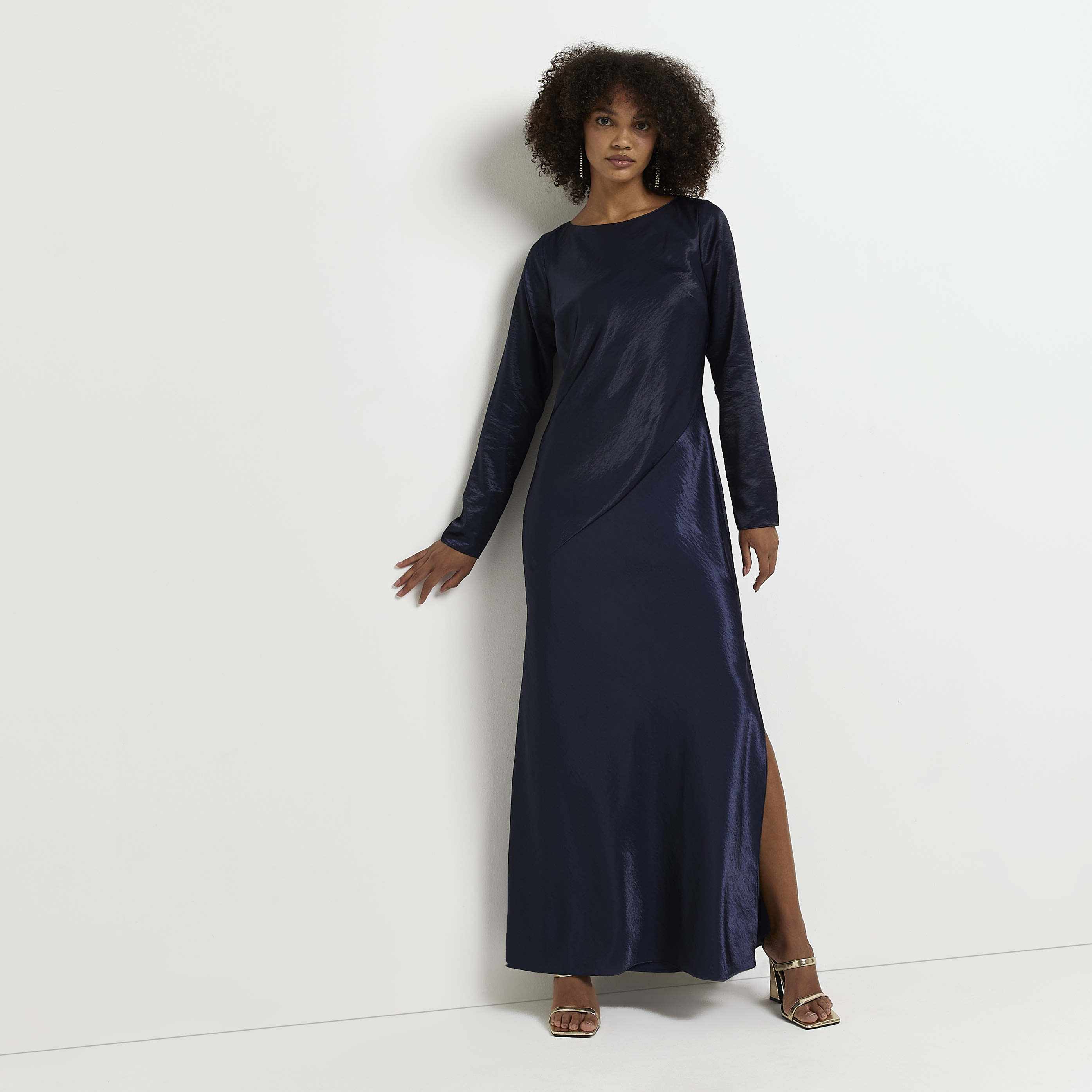 River Island Womens Maxi Dress Navy Satin Long Sleeve
