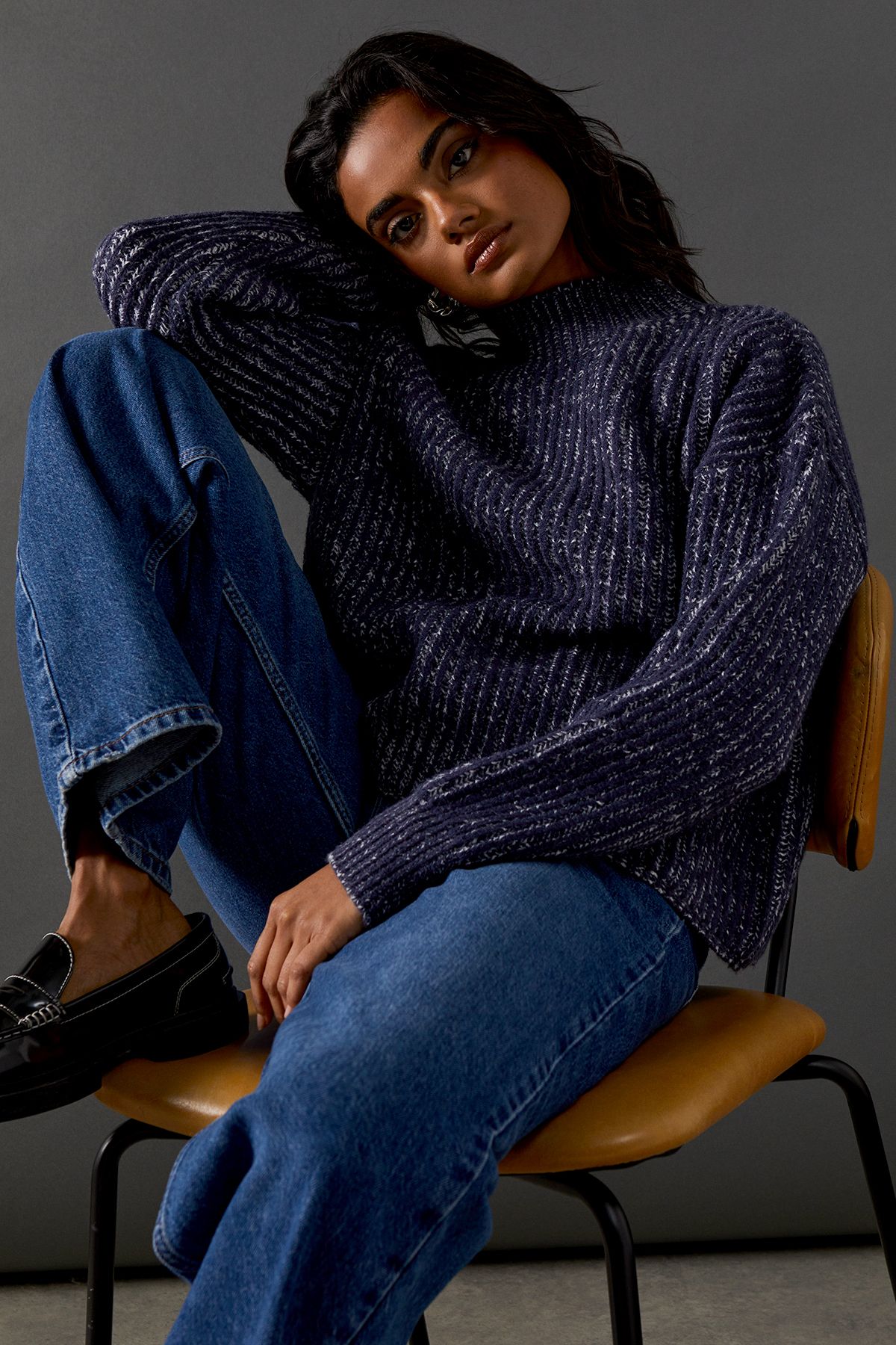 Amy High Neck Cropped Jumper in Navy
