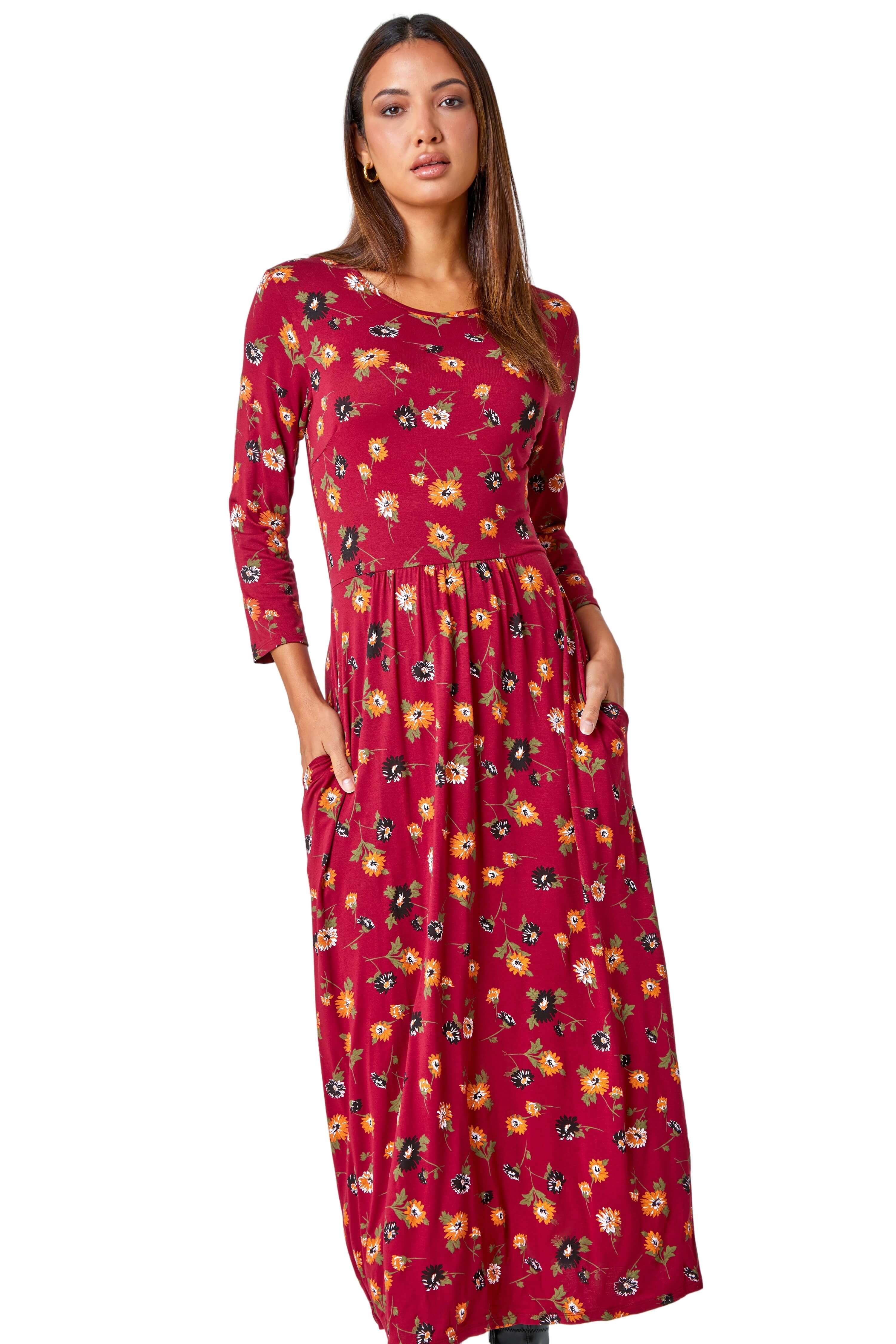 Floral Print Decor Pocket Dress