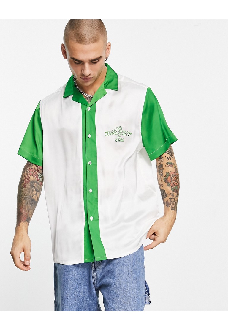 ASOS DESIGN relaxed revere satin bowling shirt with chest embroideryGreen