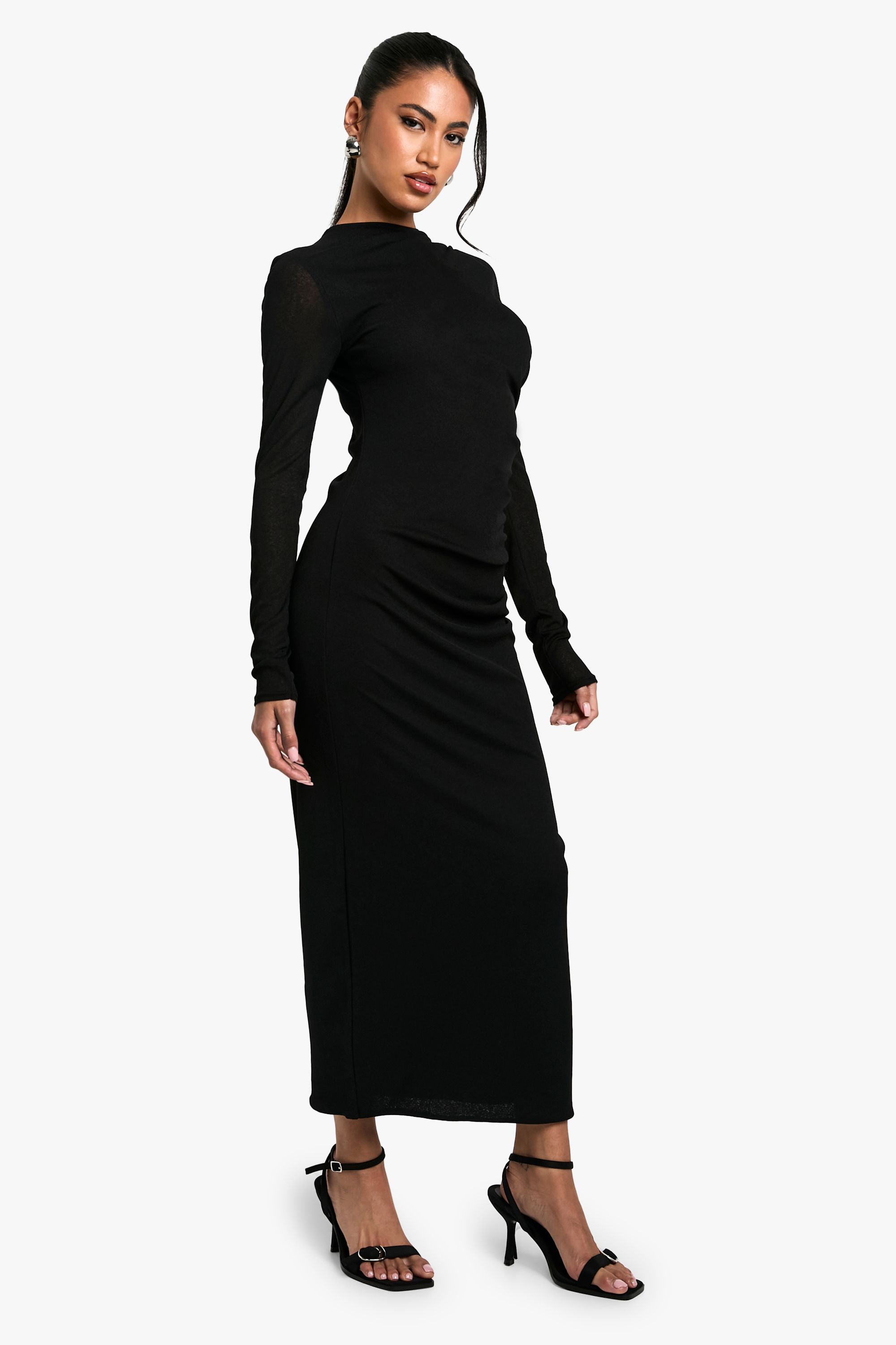 Sheer Ruched Long Sleeve Maxi Dress