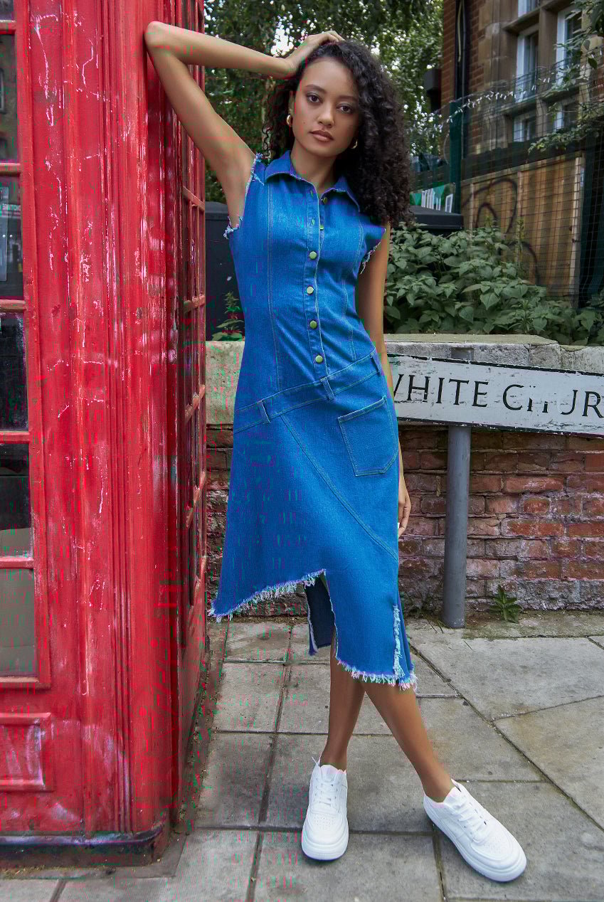 Denim Frayed Asymmetric Sleeveless Midaxi Shirt Dress
