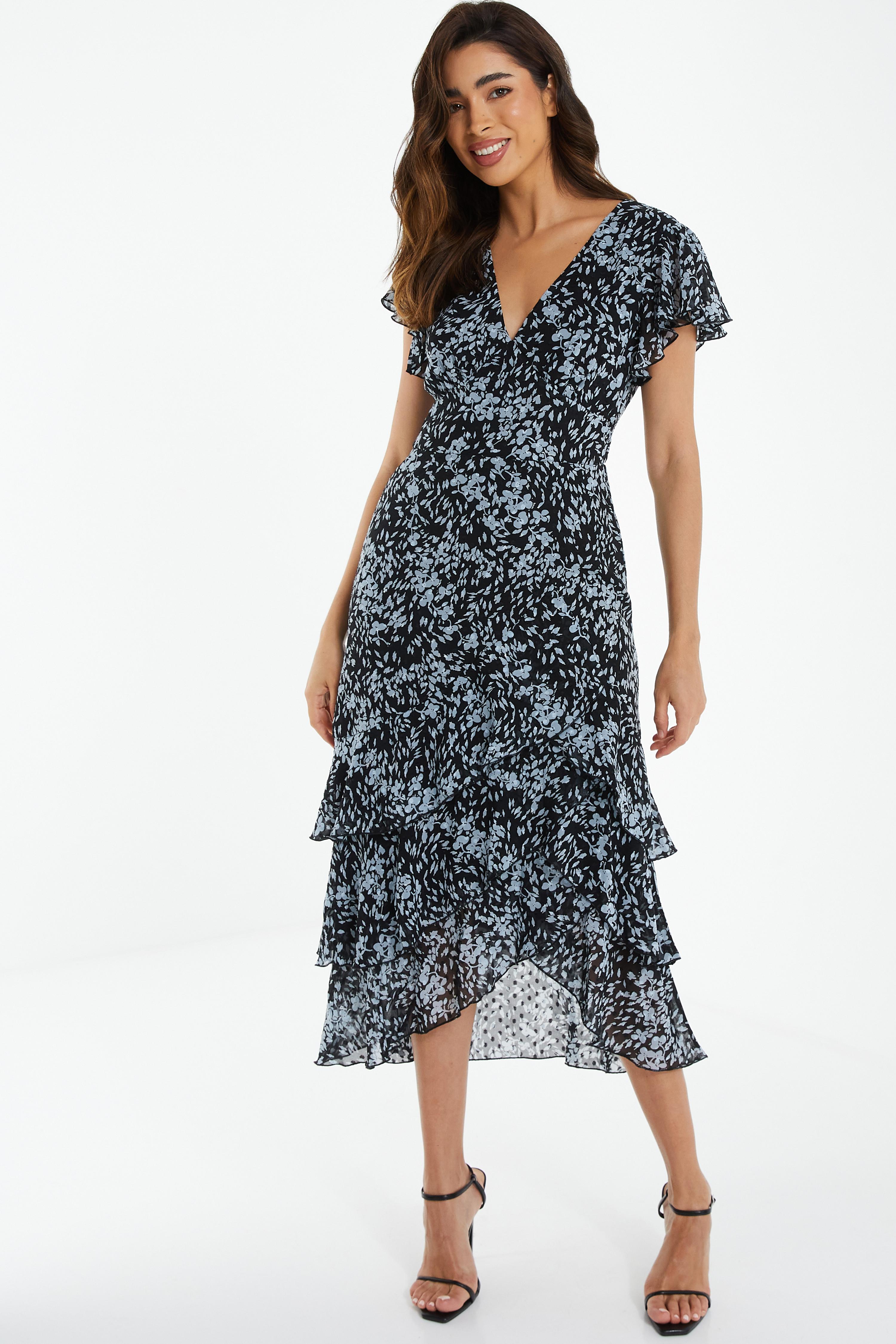 Black Floral Tiered Midi Dress — free download