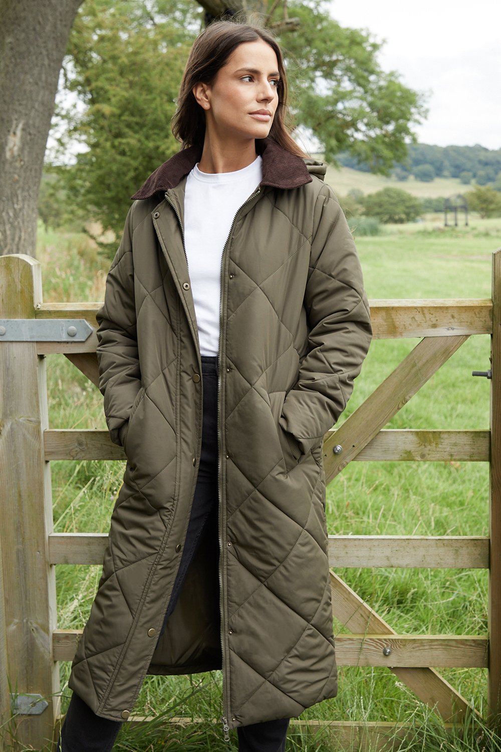 Miss selfridge longline padded coat in khaki shop