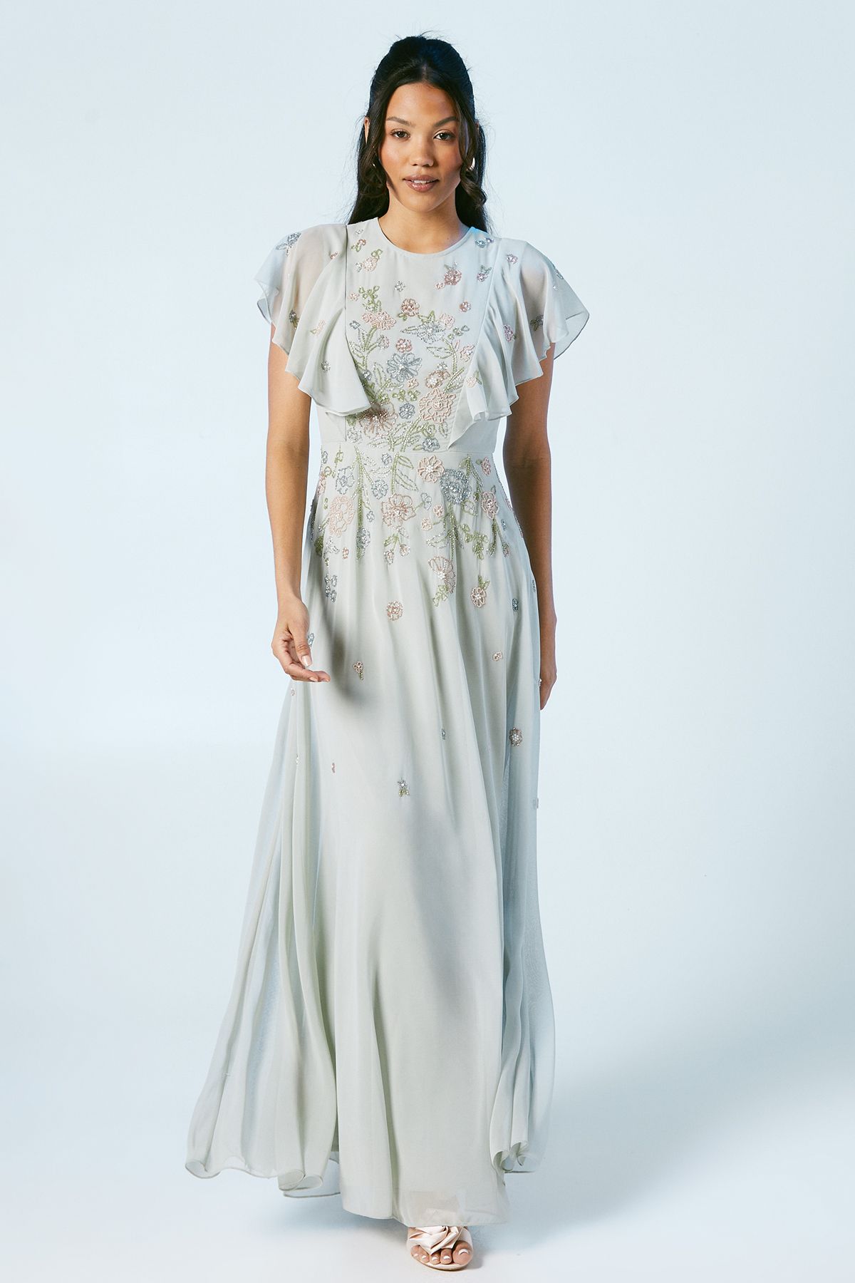 Flutter Sleeve Stretch Sculpt Bridesmaid Dress - Fern Green