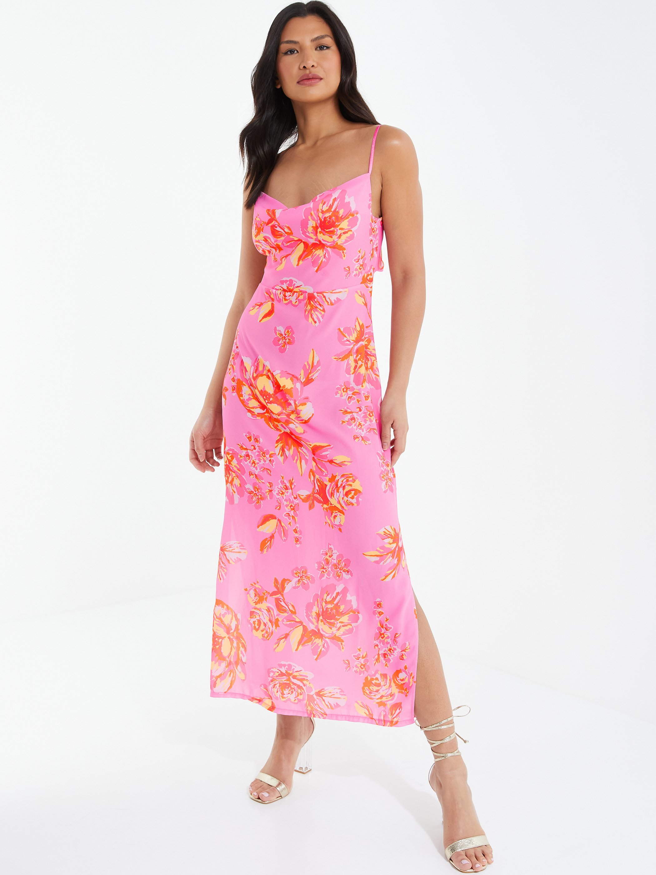Lila Pink Floral Tie Strap Midi Dress main image 1