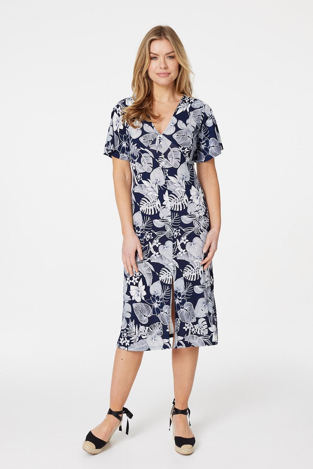 BETHANY NAVY TROPIC LEAF PRINT A-LINE DRESS main image 1
