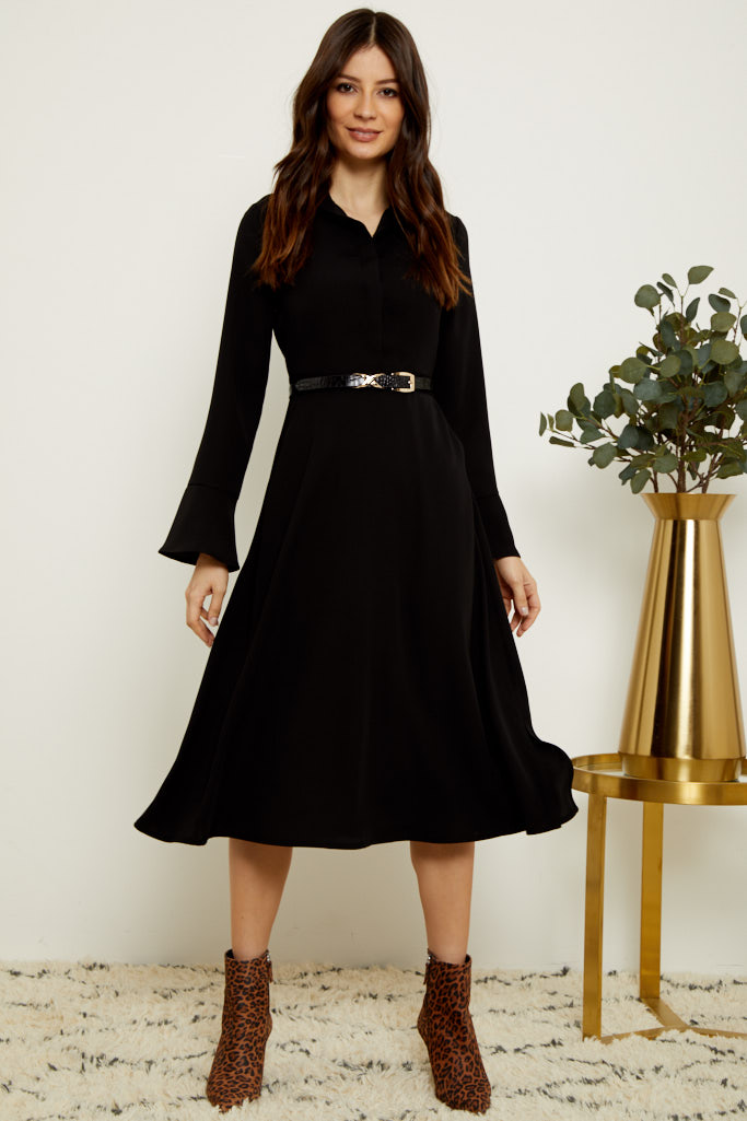 Women Black Front Open Button Shirt Dress