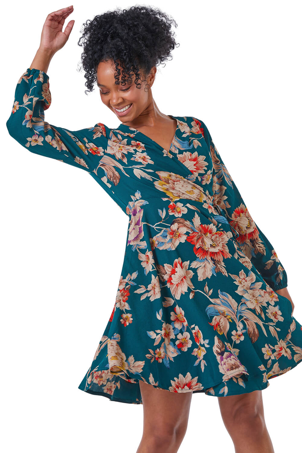Women's Petite Printed Ruffled Wrap Dress