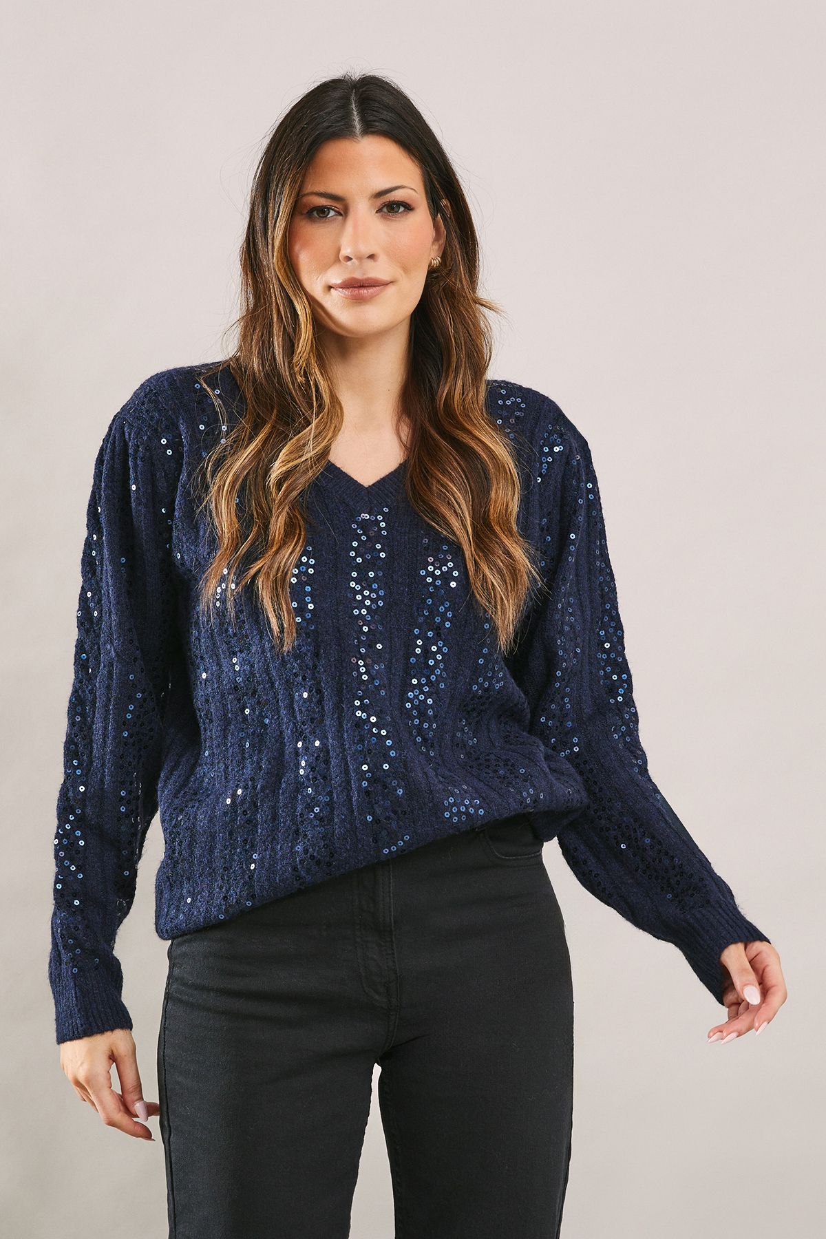 Sequin Sleeve Knit Jumper - Grey