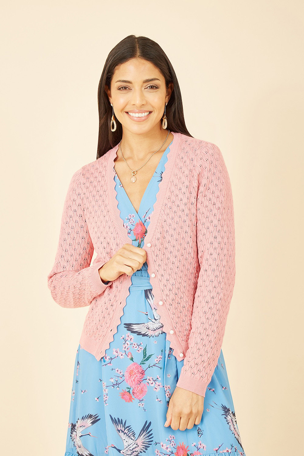 Yumi Beige Tie Front Pointelle Cardigan
