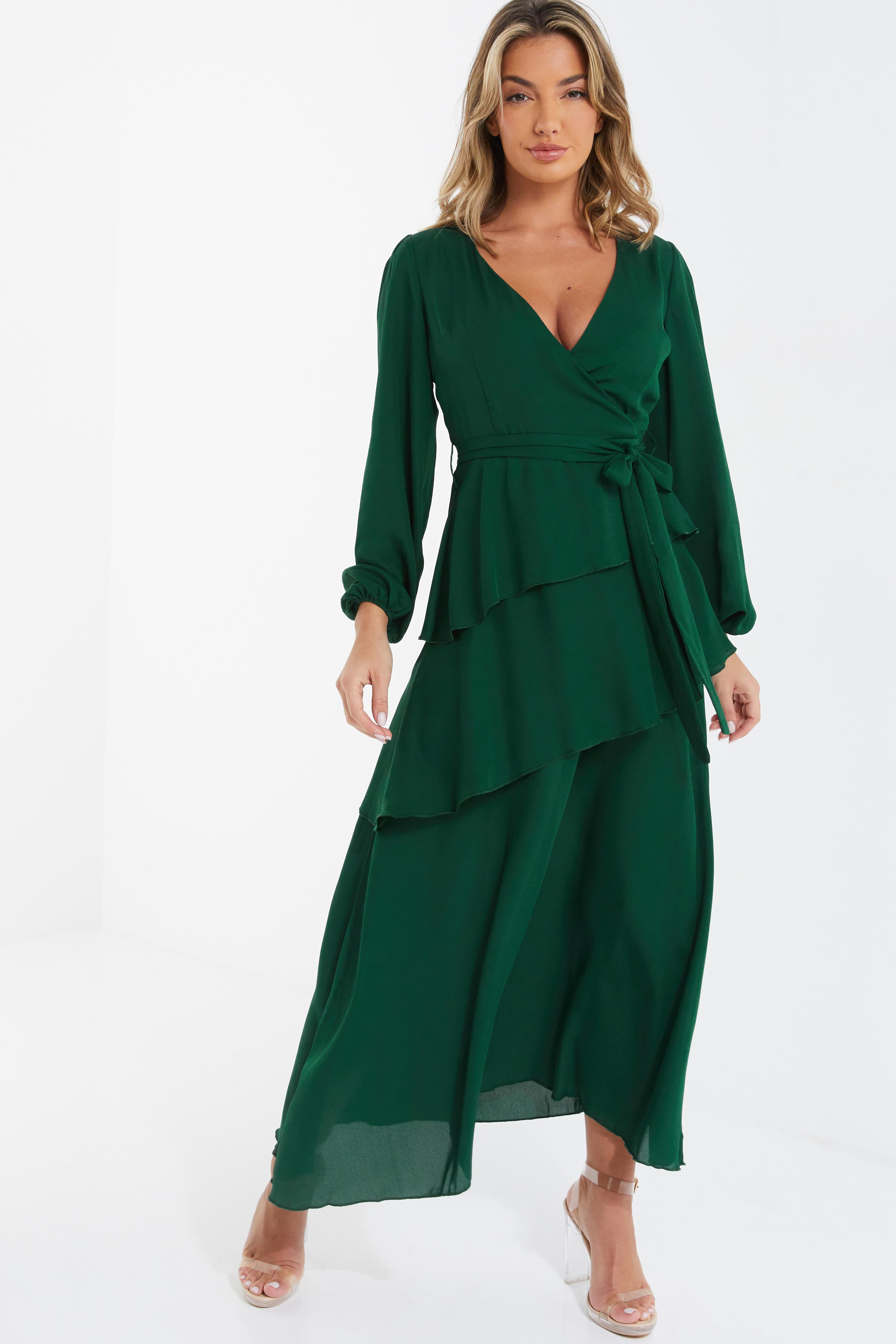 FAUX-WRAP CHIFFON DRESS WITH BLACK Sash Lime Green