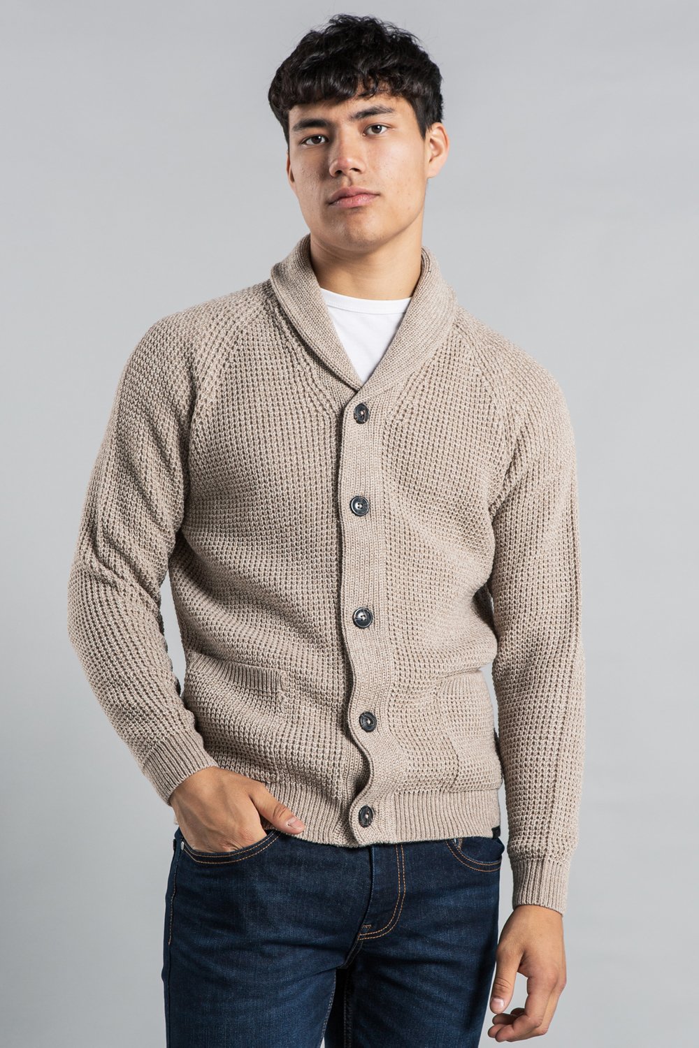 Natural Shawl Neck Waffle Knit Cardigan