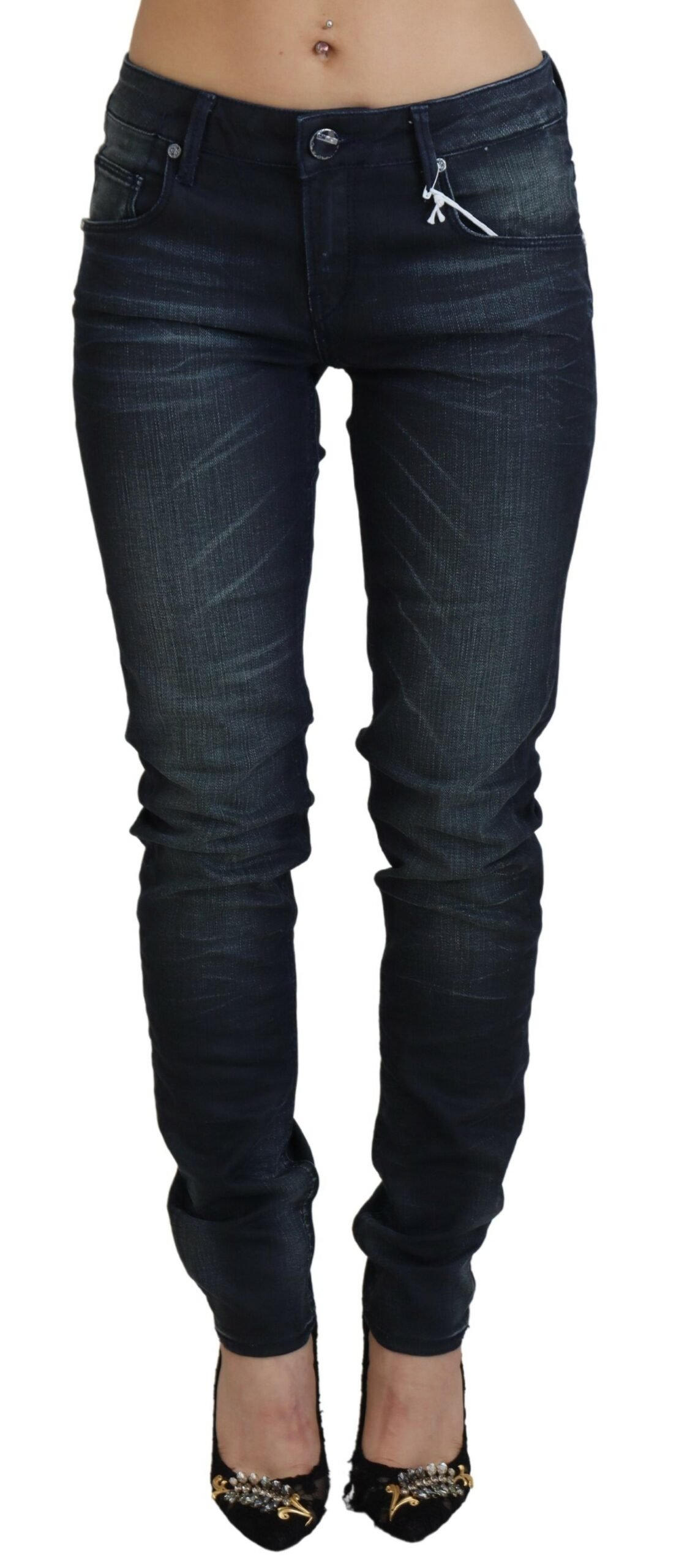 Acht Damen Blaue Gewaschenen Niedrige Taille Slim Fit BaumwollDenimJeans