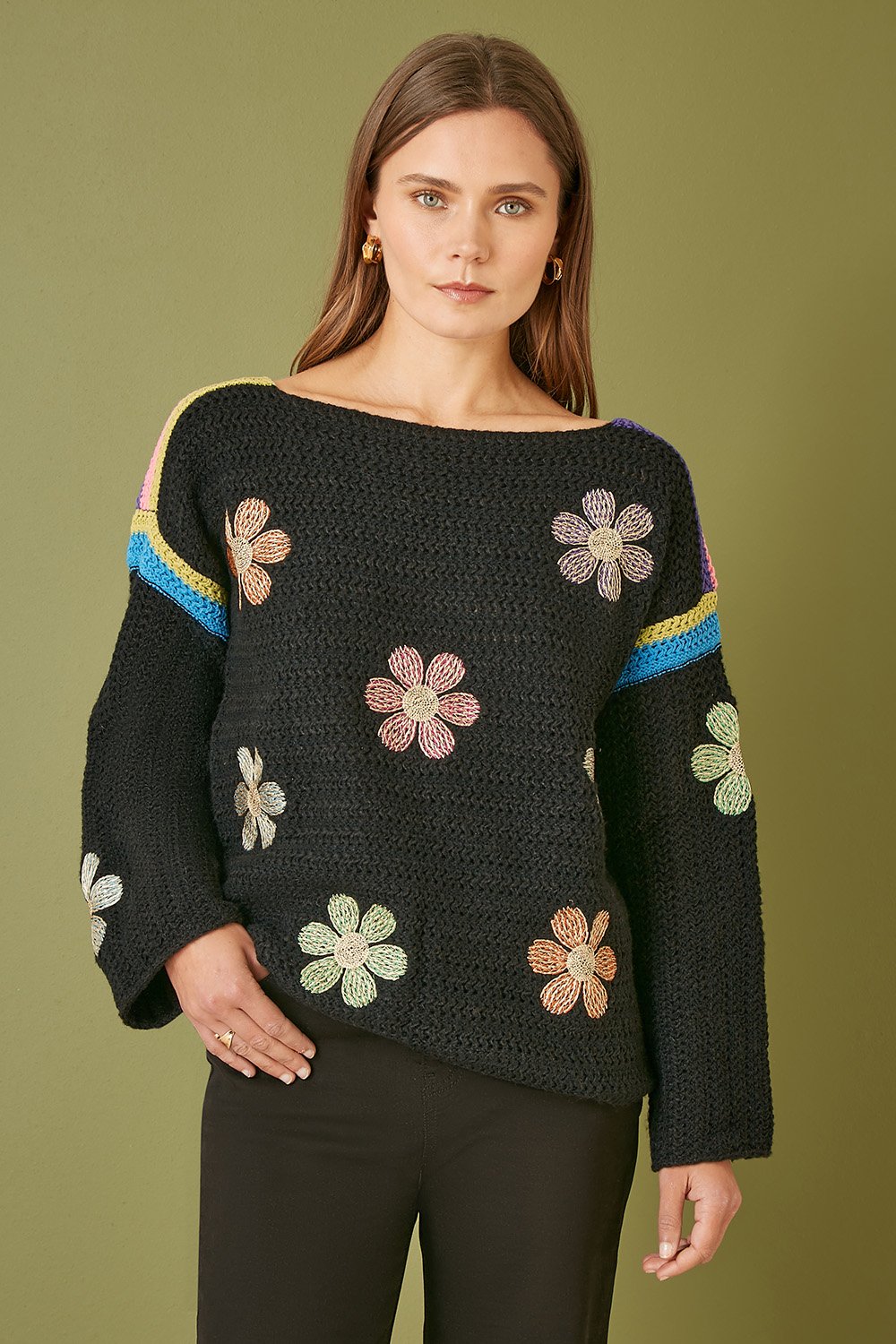 Yumi Grey Relaxed Jumper With Crochet Flowers