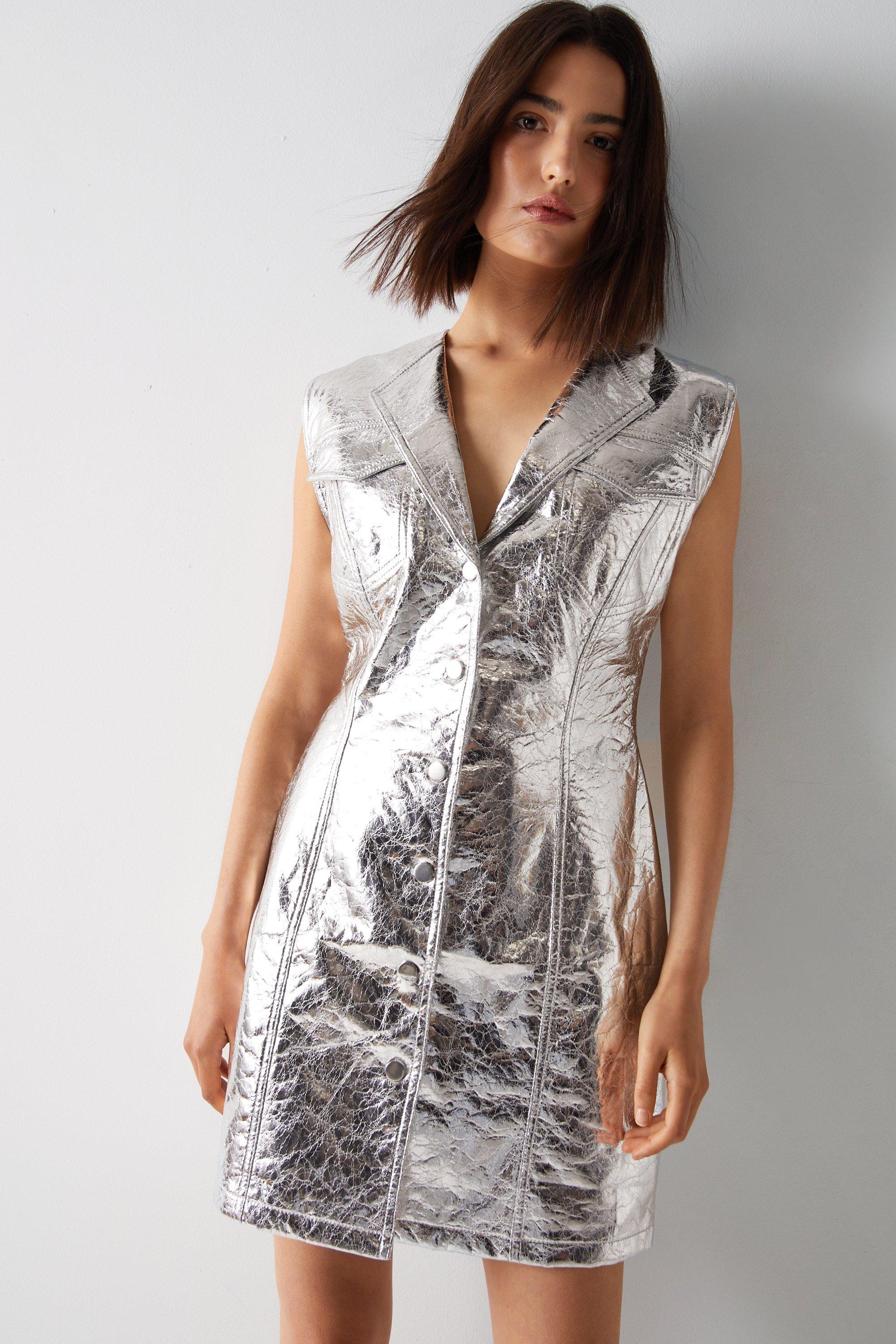 Pewter Grey Faux Leather Tie Strap Mini Dress