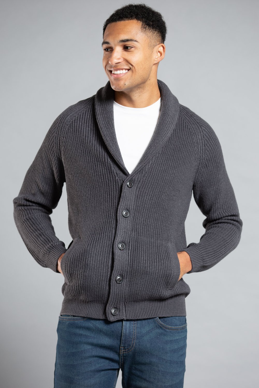 Charcoal Shawl Neck Ribbed Cardigan