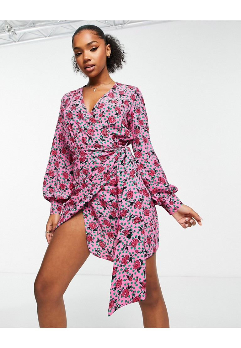 Glamorous multi rose print wrap mini dress in pink
