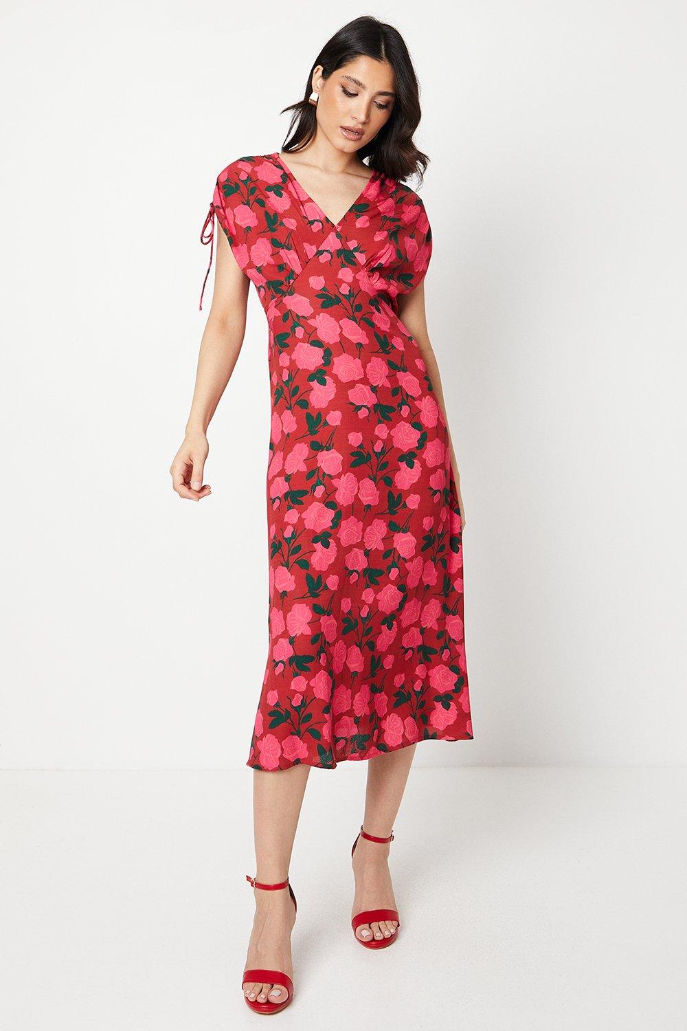 Red Floral Ruched Sleeve V Neck Midi Dress