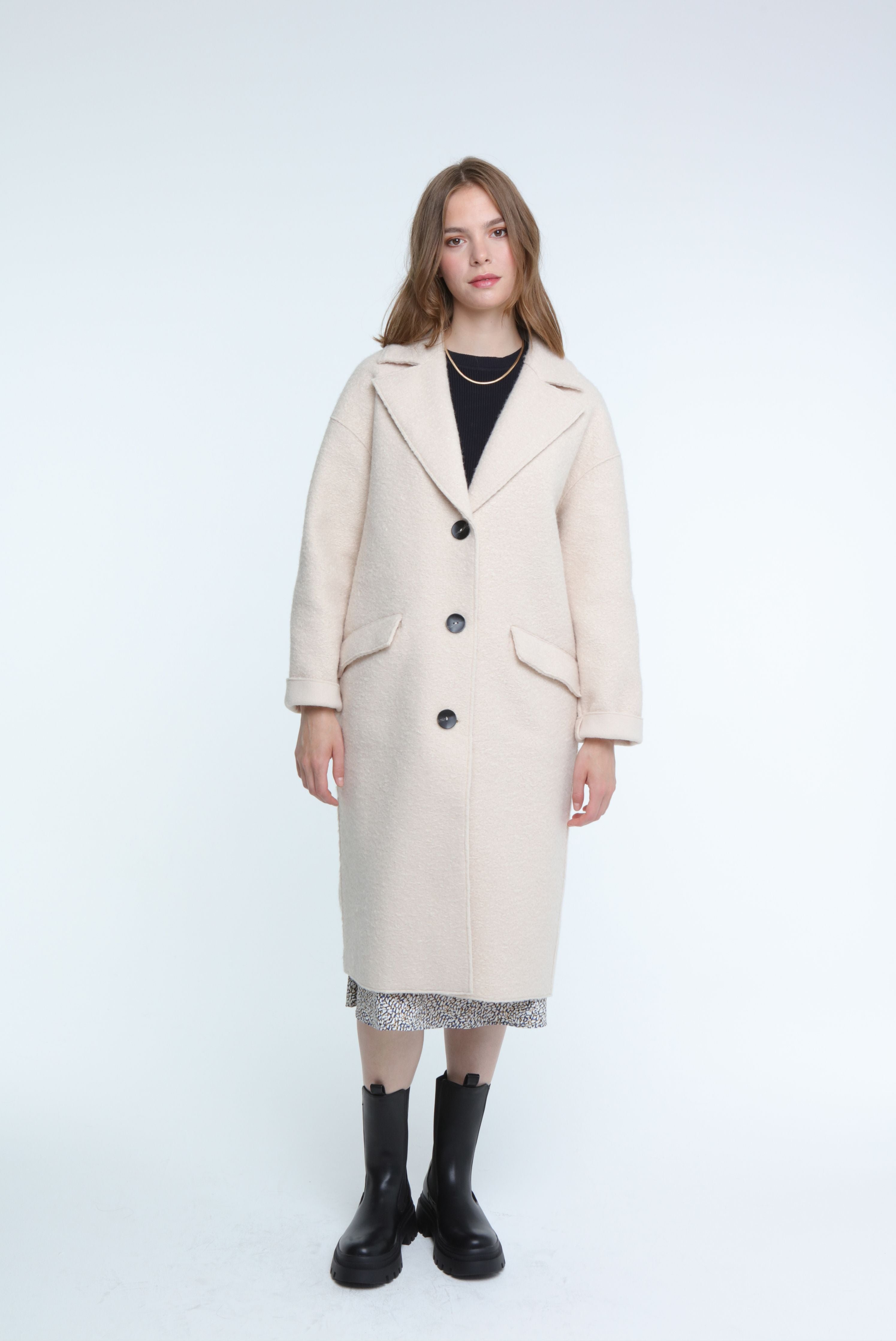 Elle Ladies Beatrix Faux Boiled Wool Coat in Cream