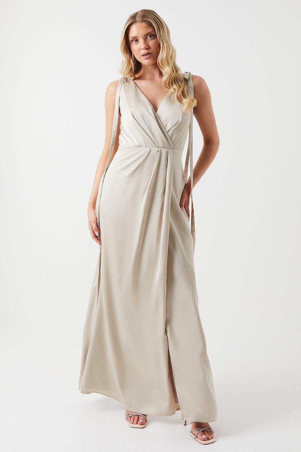 Tie Shoulder Ruched Skirt Satin Elegant and gentle Bridesmaid Maxi Dress main image 1