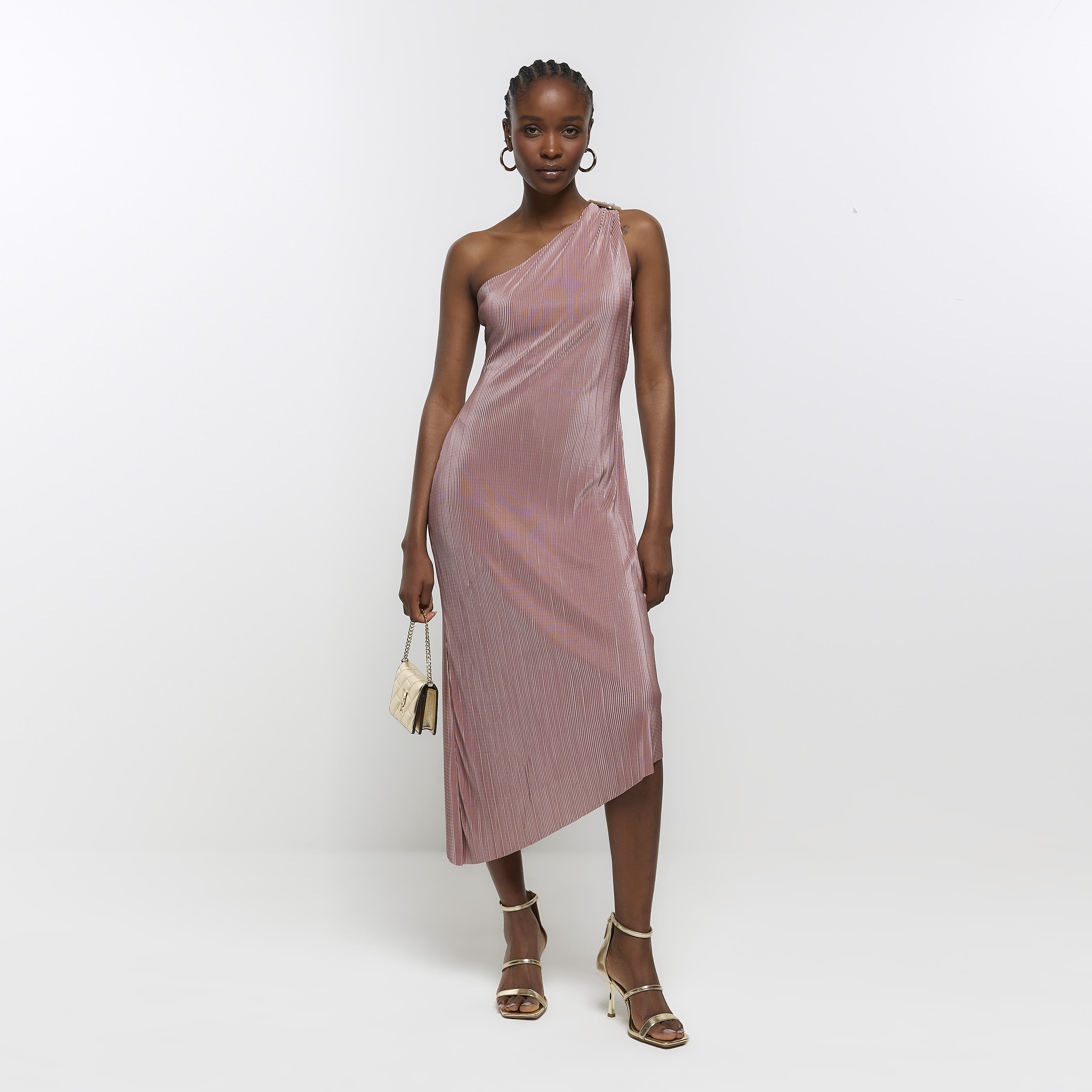 River Island Womens Bodycon Midi Dress Pink Plisse Asymmetric