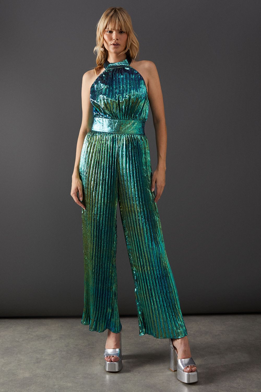 Bow High Neck Sleeveless Pleated Jumpsuit Terracotta main image 1