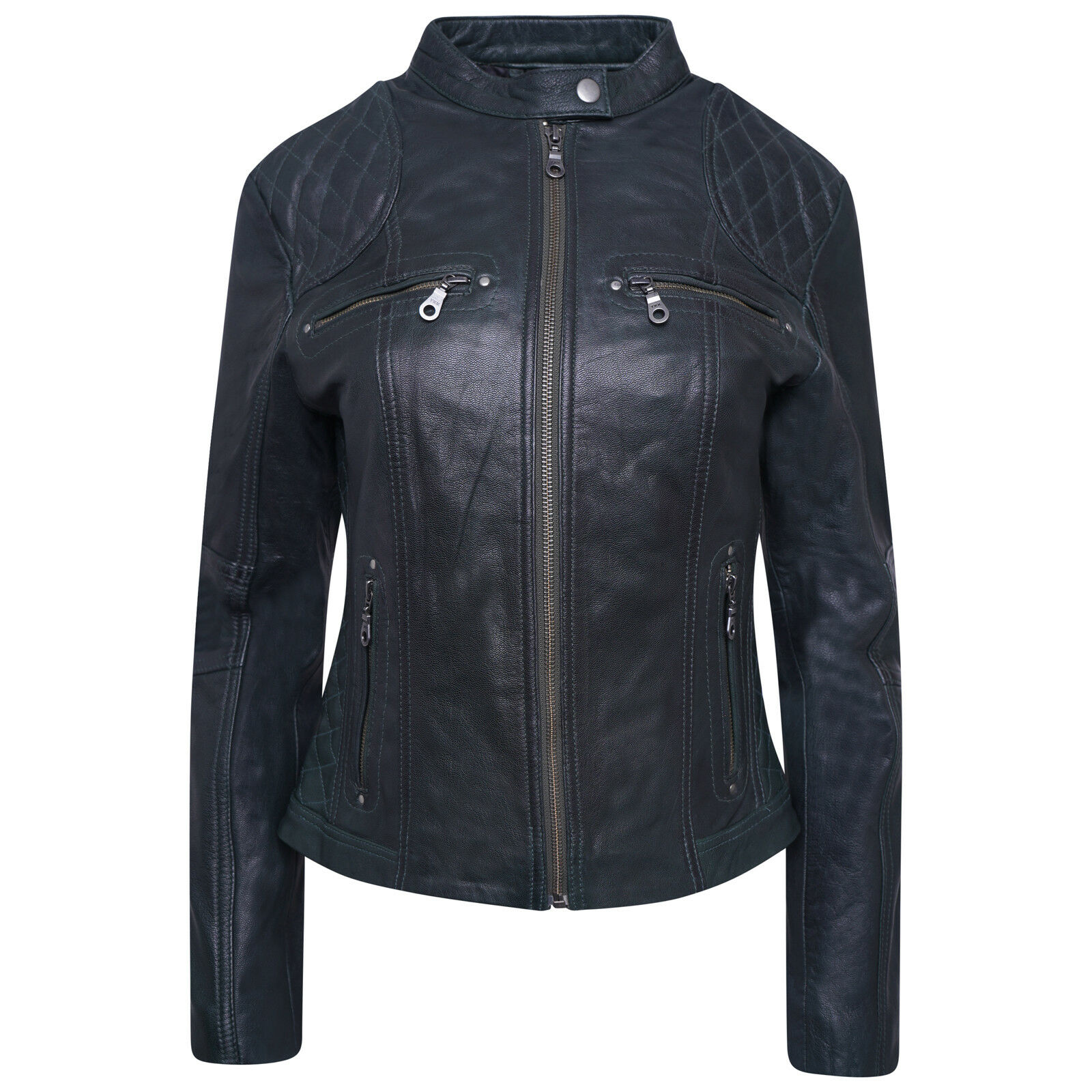 Pelle D’annata Ladies Real Leather Biker Jacket in Navy