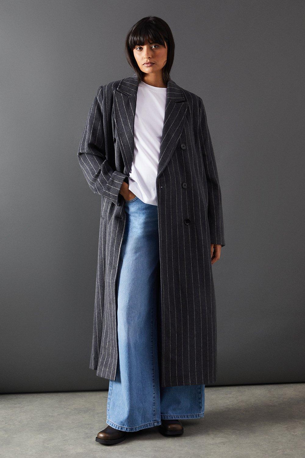 Pinstripe Wool Mix Oversized Double Breasted Maxi Coat